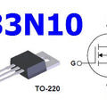 FQP33N10 TO-220 N-Channel power MOSFET - shown as a black TO-220 component with three pins, alongside a circuit diagram and the text 33N10.