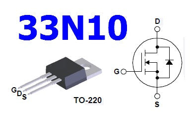 FQP33N10 TO-220 N-Channel power MOSFET - shown as a black TO-220 component with three pins, alongside a circuit diagram and the text 33N10.