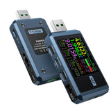 Fr FNB48P Bt USB Tester Price - two blue units with USB plugs, side ports, buttons, and a digital display showing voltage, current, power, and temperature.
