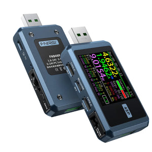 Fr FNB48P Bt USB Tester Price - two blue units with USB plugs, side ports, buttons, and a digital display showing voltage, current, power, and temperature.