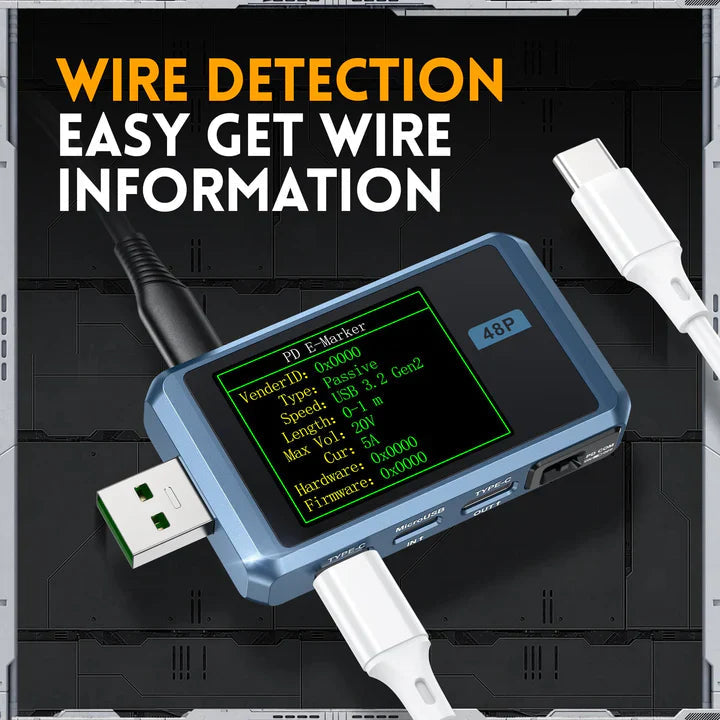 Fr FNB48P Bt USB Tester Price - a blue handheld device with a screen displaying PD E-Marker cable data, connected to two white USB-C cables and a USB-A plug.