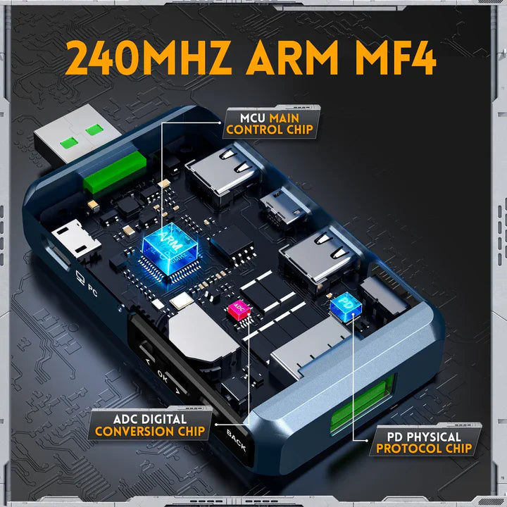 Fr FNB48P Bt USB Tester Price - an internal view of the blue device with its ARM main control chip, ADC conversion chip, and PD protocol chip highlighted.