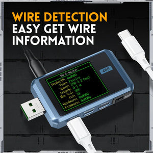 Fr FNB48P Bt USB Tester Price - a blue rectangular device with a screen displaying PD E-Marker data, connected to two white USB-C cables and a USB-A plug.
