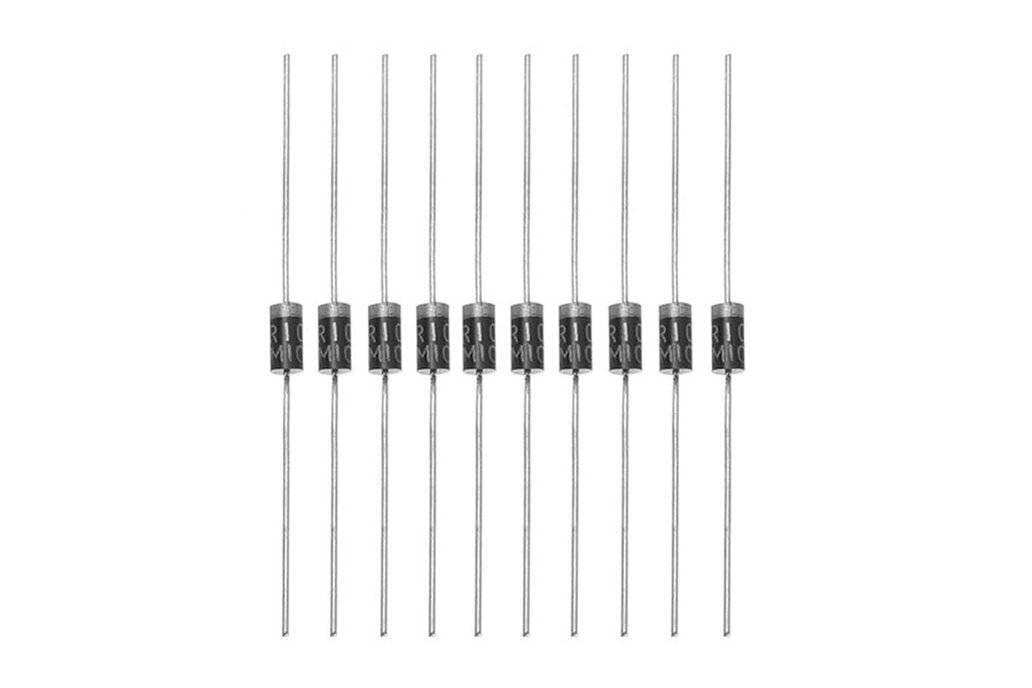 FR207 Diode - shown as a row of ten identical black cylindrical electronic diodes with silver metal leads extending from each end.
