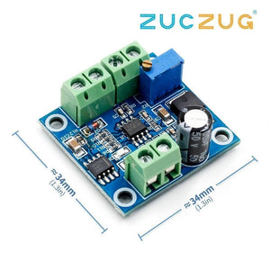 Frequency To Voltage Converter Module 0-1kHz To 0-10V Digital To Analog Voltage Signal Conversion Module - a blue circuit board with two green screw terminals, a blue potentiometer, and a black electrolytic capacitor.
