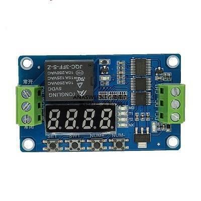 FRM01 Time Delay Cycle Self-lock Relay Control Module 18 Functions - a blue rectangular circuit board featuring a relay, a four-digit display, and four push buttons.