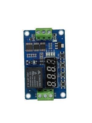 FRM01 Time Delay Cycle Self-lock Relay Control Module 18 Functions - a blue rectangular circuit board featuring a black relay, a three-digit LED display, and buttons.