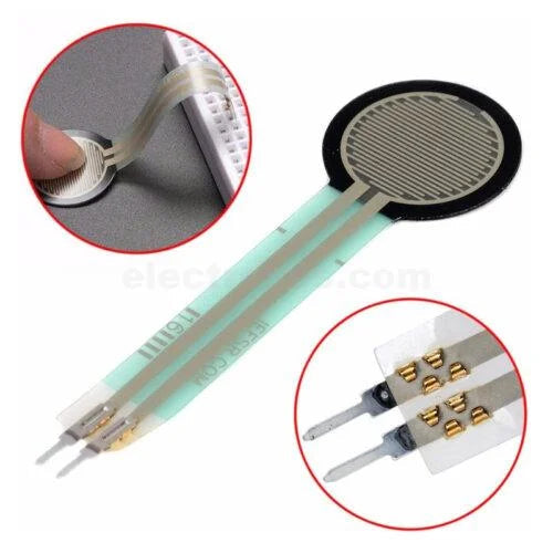 Fsr 0.6 Inch Force Sensitive Resistor - shown in a main view with two circular insets highlighting the sensor being pressed and a close-up of the connectors.