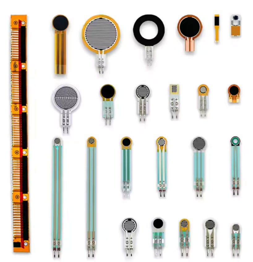 Fsr Single Zone Sensor RP-C7.6lt-LF2 | Thin Film Pressure Sensor - Digilog.pk - shown as a collection of various thin-film pressure sensors in different shapes, sizes, and configurations.