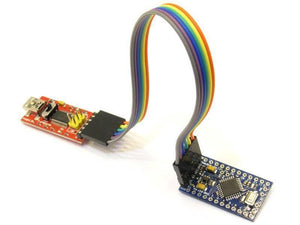 FT232RL 3.3V 5.5V FTDI USB To TTL Serial Adapter Module For Arduino Mini Port - connected via a rainbow ribbon cable to a blue Arduino Pro Mini board, shown on a white background.