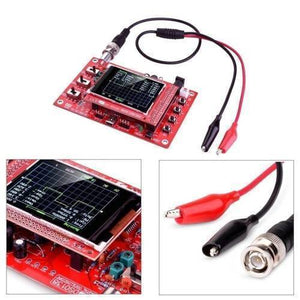 Fully Assembled DSO138 2.4″ TFT Digital Oscilloscope - the red circuit board with a screen, buttons, and a BNC probe cable with red and black alligator clips.