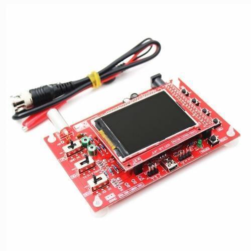 Fully Assembled DSO138 2.4″ TFT Digital Oscilloscope - a red circuit board with a black screen, slide switches, buttons, and a BNC connector cable.