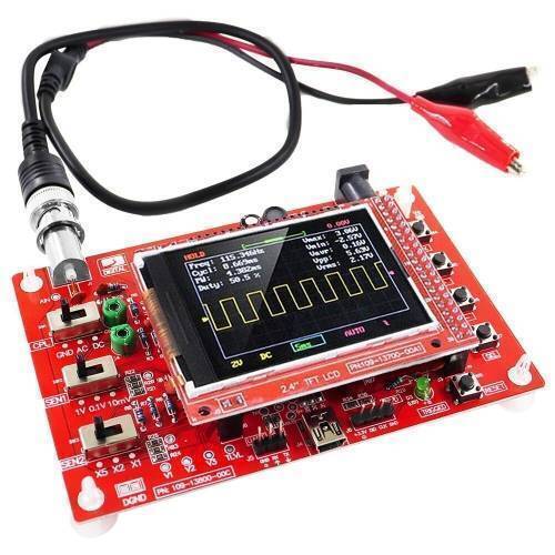 Fully Assembled DSO138 2.4″ TFT Digital Oscilloscope - a red circuit board with a screen displaying a square wave, buttons, switches, and a BNC probe.