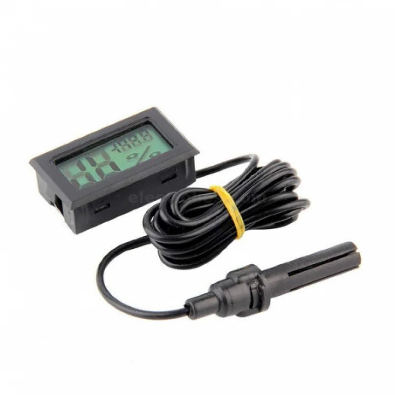 FY12 Mini Thermometer and Hygrometer Humidity Meter with Display - a black digital display unit with a wired probe and a percentage symbol on the screen.