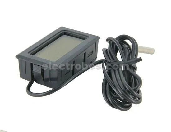 FY12 Mini Thermometer and Hygrometer Humidity Meter with Display - a black rectangular digital display unit with an attached long black wire and a metal probe tip.