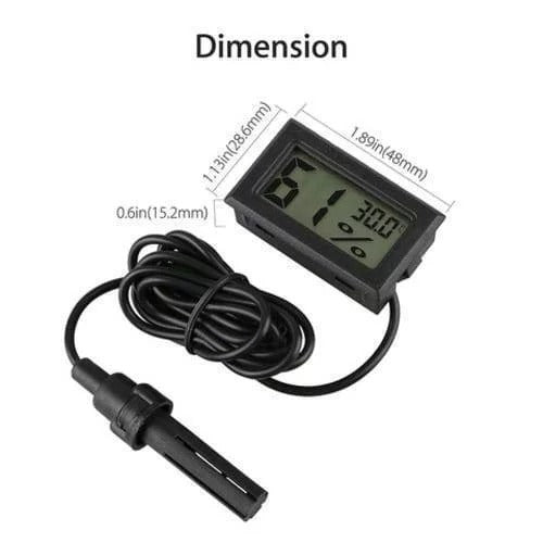 FY12 Mini Thermometer and Hygrometer Humidity Meter with Display - its dimensions, with a black display unit reading 61% and 30.0, and a connected wired sensor probe.