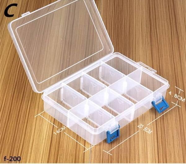 G200 F200 Plastic Tool Box Multi Functional Storages Container For Electronic Parts Screws Tool Organizer G-200 F-200 Box Storage - a clear rectangular storage container with eight compartments, two blue latches, and overlaid dimension labels.