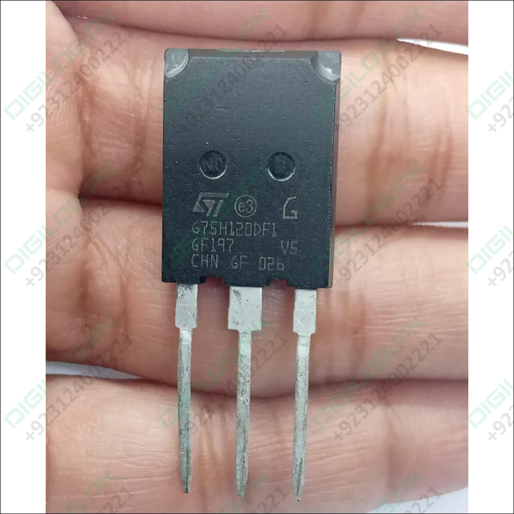 G75H120DF1 IGBT - 75A 1200V High-efficiency Power Transistor - a black three-pin power transistor held by fingers, showing the STMicroelectronics logo and model markings on its front surface.