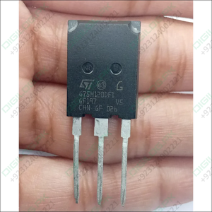 G75H120DF1 IGBT - 75A 1200V High-efficiency Power Transistor - a black three-pin power transistor held by fingers, showing the STMicroelectronics logo and model markings on its front surface.
