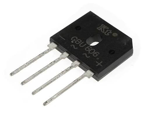 GBU606 600V 6A Single-Phase Bridge Rectifier - a black, flat, square-shaped electronic component with four metal pins and printed terminal markings.