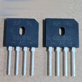 GBU810 AC Bridge Rectifier, Full Wave 8amp 1000V - two black, flat, rectangular bridge rectifier components with four metal pins and printed labels including GBU810.