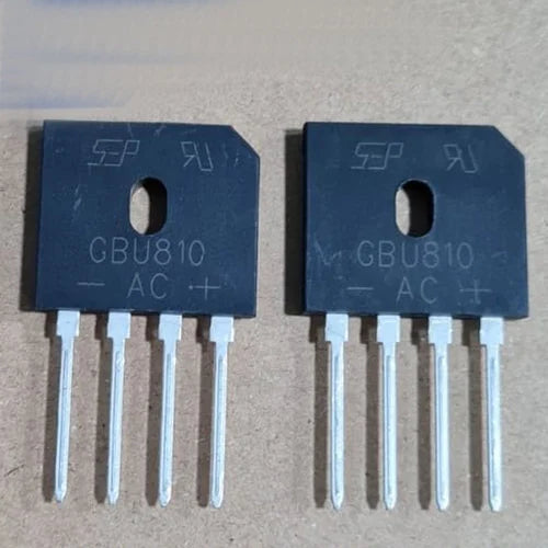 GBU810 AC Bridge Rectifier, Full Wave 8amp 1000V - two black, flat, rectangular bridge rectifier components with four metal pins and printed labels including GBU810.
