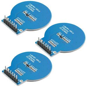 GC9A01 1.28-Zoll Rundes LCD TFT Display für Arduino - three blue circular circuit boards with black header pins and printed text, shown from the back.