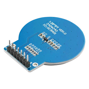 GC9A01 1.28-Zoll Rundes LCD TFT Display für Arduino - a blue circular PCB with an 8-pin header connector and surface-mounted electronic components on the back.