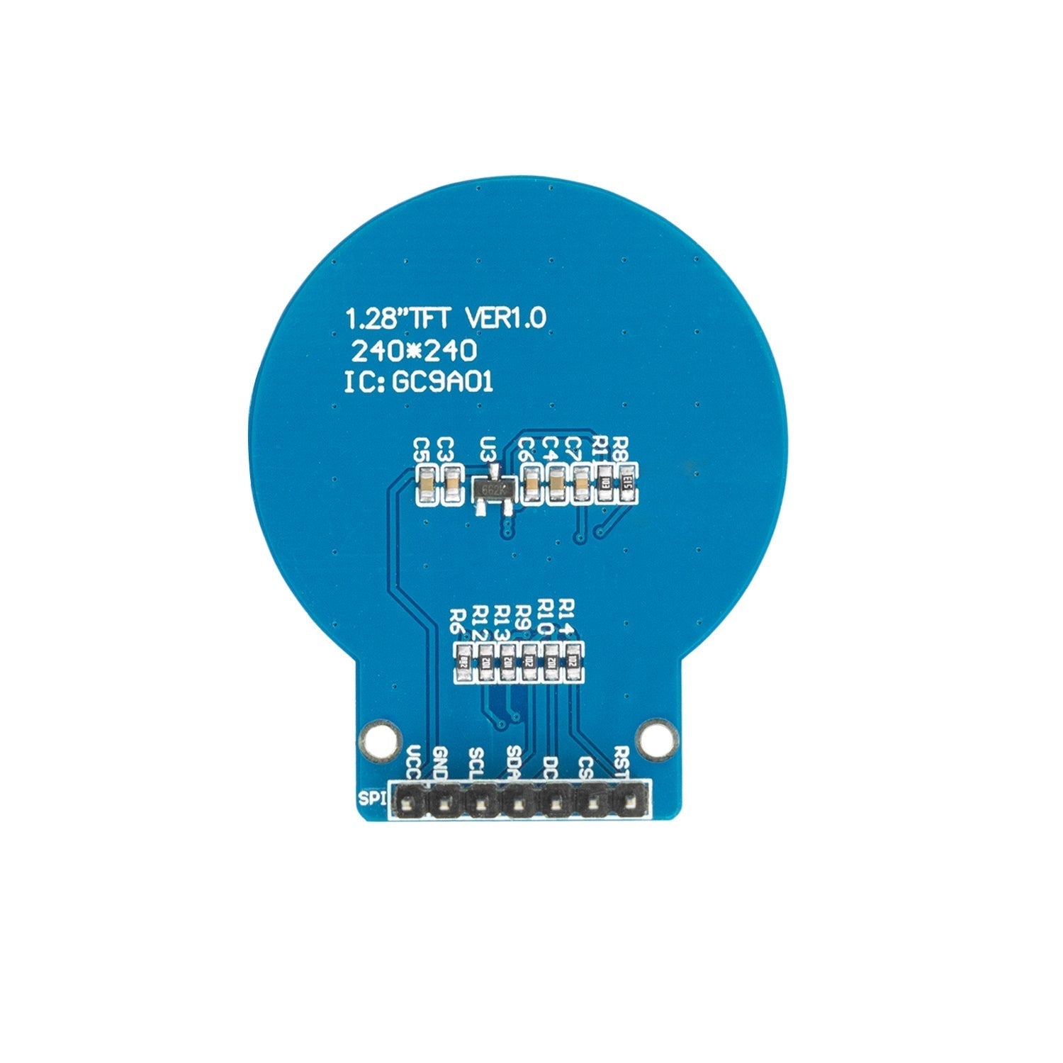 GC9A01 1.28-Zoll Rundes LCD TFT Display für Arduino - the blue circular back of the PCB with an SPI pin header and printed text including 240x240 resolution.