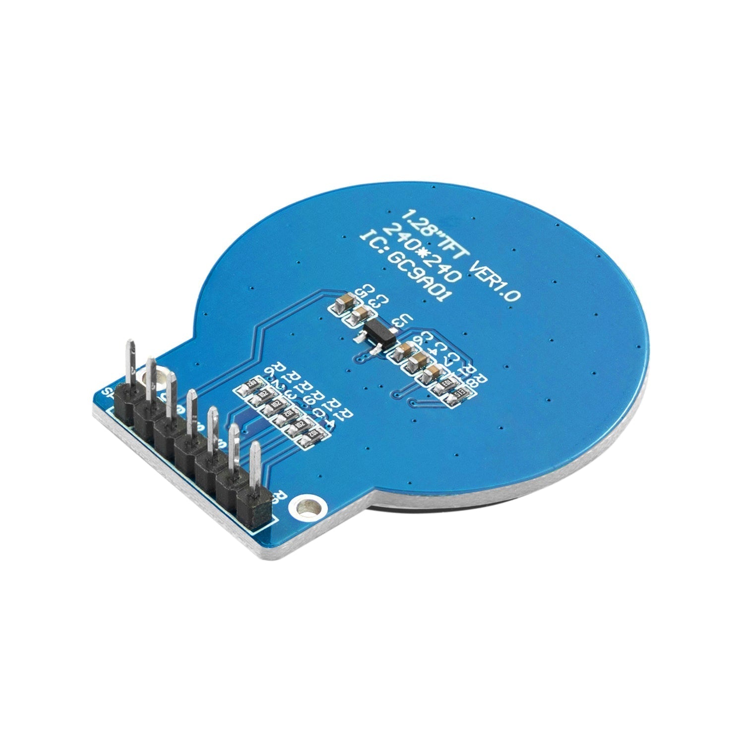 GC9A01 1.28-Zoll Rundes LCD TFT Display für Arduino - the blue circuit board back with a row of eight pin headers and printed text including 240*240 resolution.