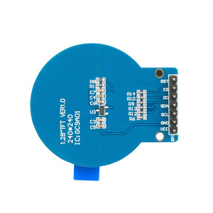GC9A01 1.28-Zoll Rundes LCD TFT Display für Arduino - the blue circular back of the PCB with surface-mounted components and an 8-pin SPI header connector.