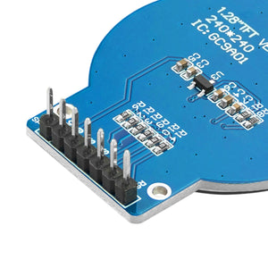 GC9A01 1.28-Zoll Rundes LCD TFT Display für Arduino - a close-up of the blue circular circuit board showing the pin header connector and onboard surface-mount components.