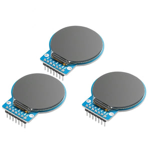 GC9A01 1.28-Zoll Rundes LCD TFT Display für Arduino - three identical modules with blue circuit boards, circular screens, and seven gold-plated connector pins.