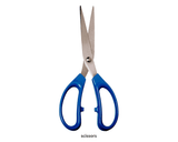 General Purpose Scissors - two silver metal blades joined by a central screw and two blue plastic handles.