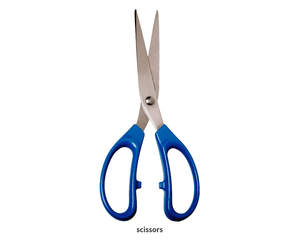 General Purpose Scissors - two silver metal blades joined by a central screw and two blue plastic handles.