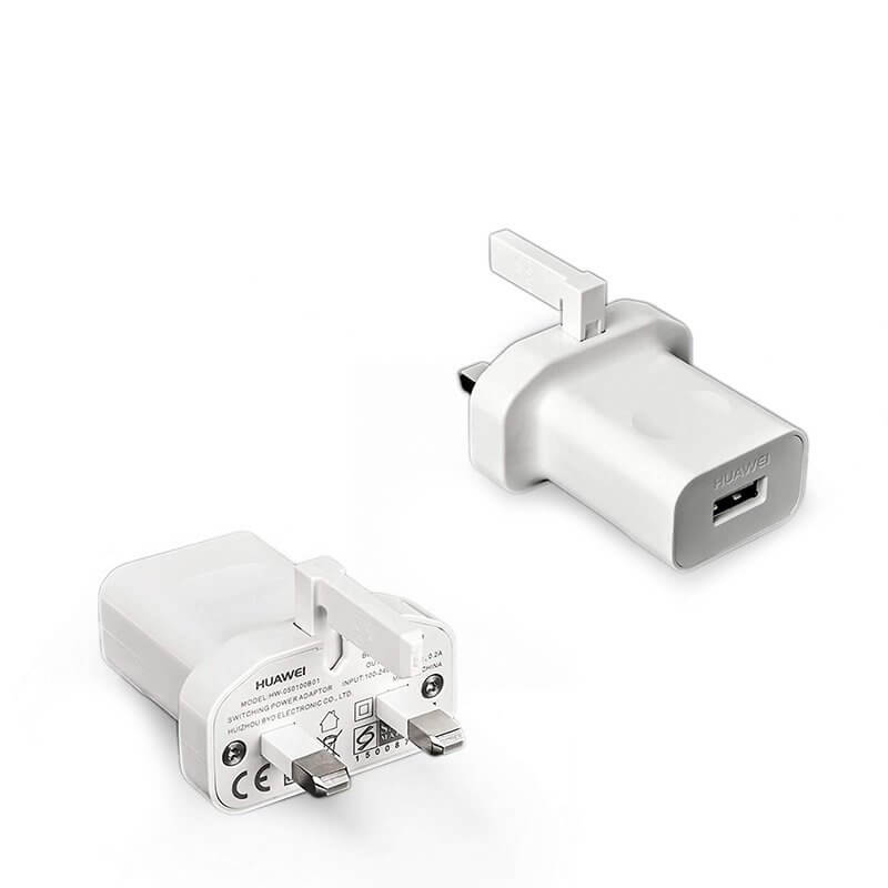 Genuine Huawei HW-050100B01 Uk 3pin Charger White Power Adapter 5V 1A - two white power adapters, one with a USB port and one displaying its plug and technical specifications.