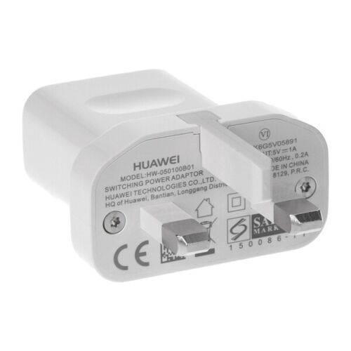 Genuine Huawei HW-050100B01 Uk 3pin Charger White Power Adapter 5V 1A - with a three-prong plug and technical specifications printed on the back.