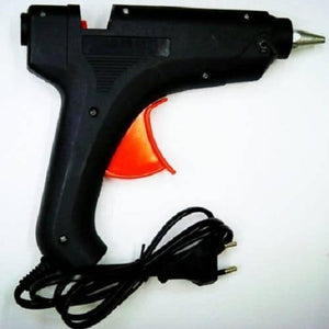 Glue Gun For 11mm Glue Sticks 80W 50/60Hz - a black hot glue gun with an orange trigger and an attached black power cord with a two-pin plug.