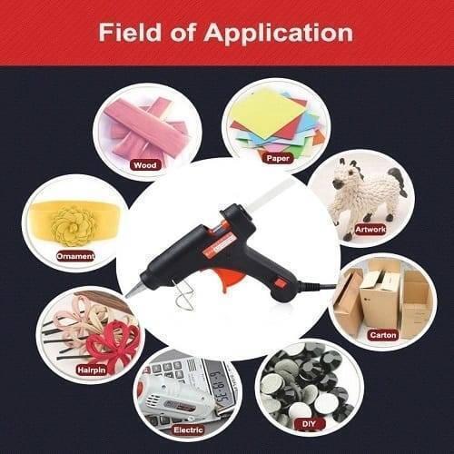 Glue Gun For 11mm Glue Sticks 80W 50/60Hz - shown in a black, pistol-shaped design surrounded by circular icons illustrating its use on various materials.