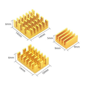Gold Color Raspberry Pi 4b PI4 Radiator Heatsink Heat Sink - three gold-colored aluminum heatsinks of varying dimensions with labels.