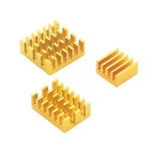 Gold Color Raspberry Pi 4b PI4 Radiator Heatsink Heat Sink - three gold-colored metal heat sinks of varying sizes with finned designs.