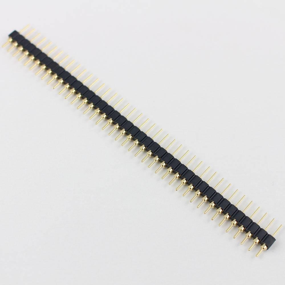 Gold Plated 2.54mm Male 40 Pin Single Row Straight Round Pin Header Strip - shown as a long, thin black plastic strip with 40 gold-plated metal pins.