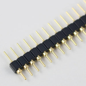 Gold Plated 2.54mm Male 40 Pin Single Row Straight Round Pin Header Strip - shown in a close-up angled view of the black plastic base and gold pins.