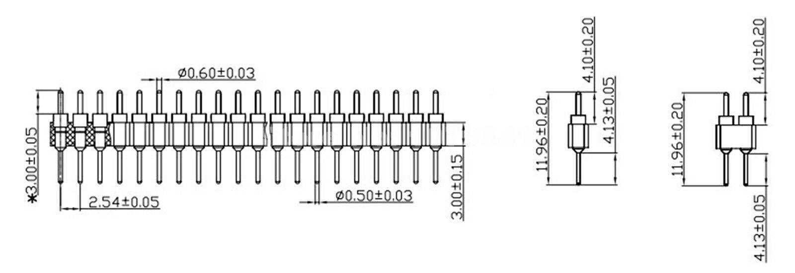 Gold Plated 2.54mm Male 40 Pin Single Row Straight Round Pin Header Strip - Strip technical line drawing showing dimensions and side profiles.