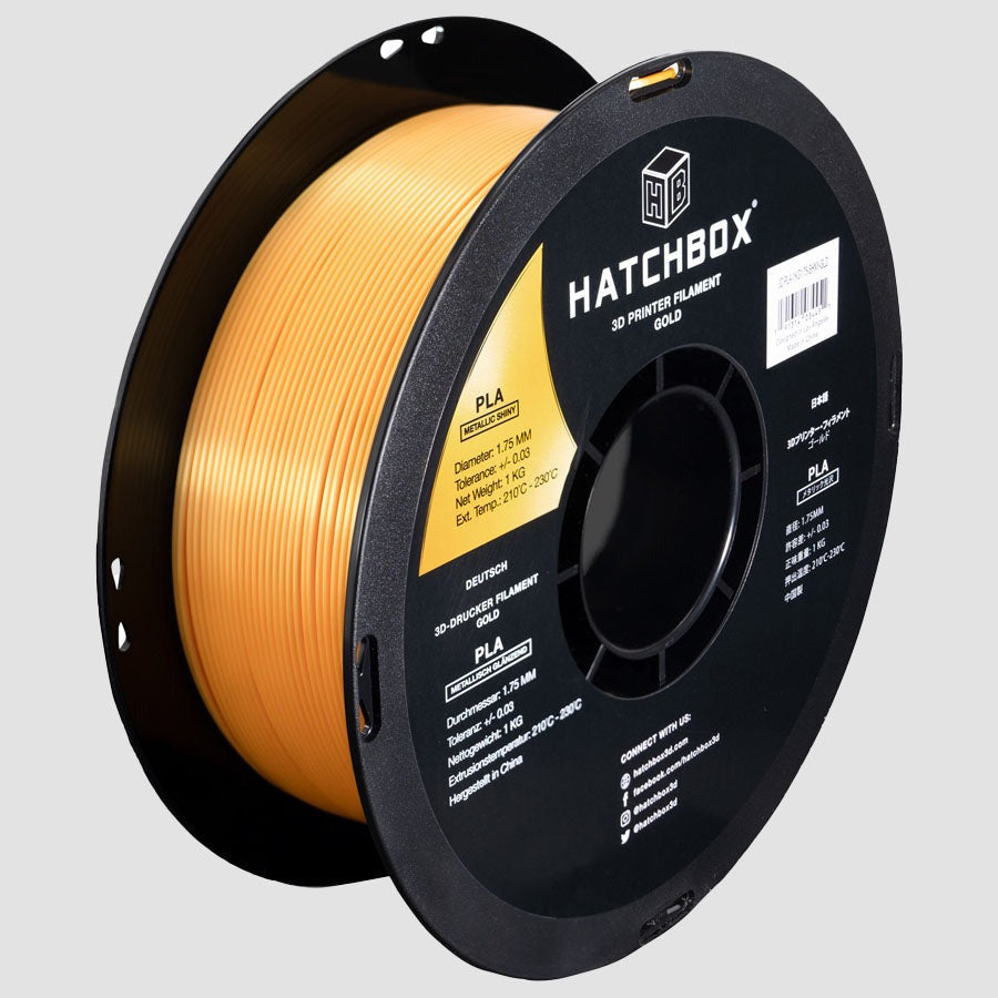 Golden Color 3d Printer Filament PLA 1.75mm 1kg/n.w - a spool of metallic gold PLA filament with a black label detailing specifications and branding.