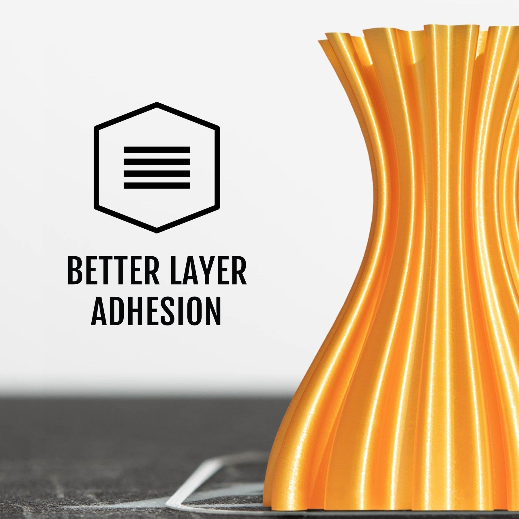 Golden Color 3d Printer Filament PLA 1.75mm 1kg/n.w - shown as a 3D printed golden vase with a hexagonal icon and the text "BETTER LAYER ADHESION".