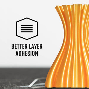Golden Color 3d Printer Filament PLA 1.75mm 1kg/n.w - shown as a 3D printed golden vase with a hexagonal icon and the text "BETTER LAYER ADHESION".