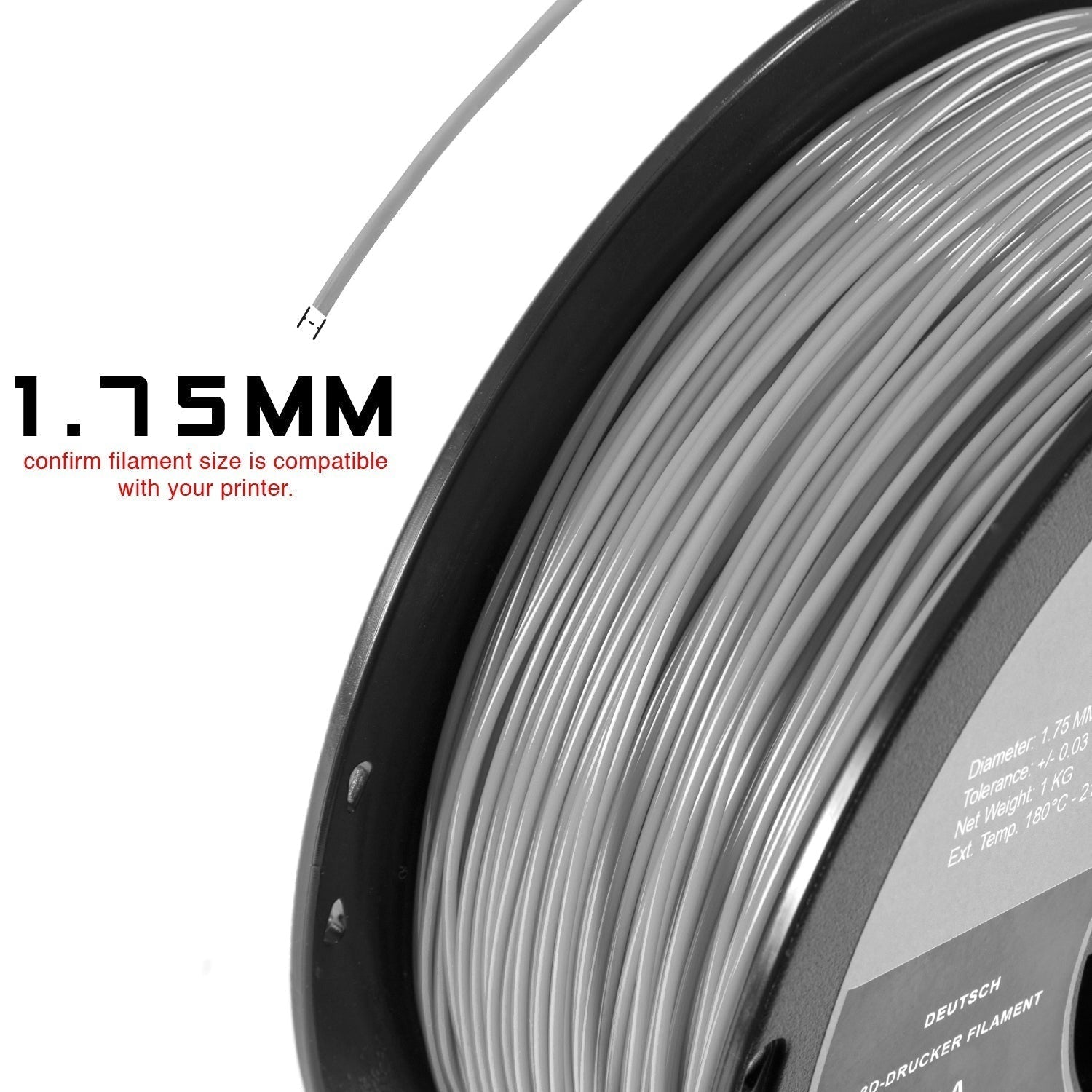 Golden Color 3d Printer Filament PLA 1.75mm 1kg/n.w - a spool of grey filament with a text overlay specifying a 1.75mm diameter and compatibility.