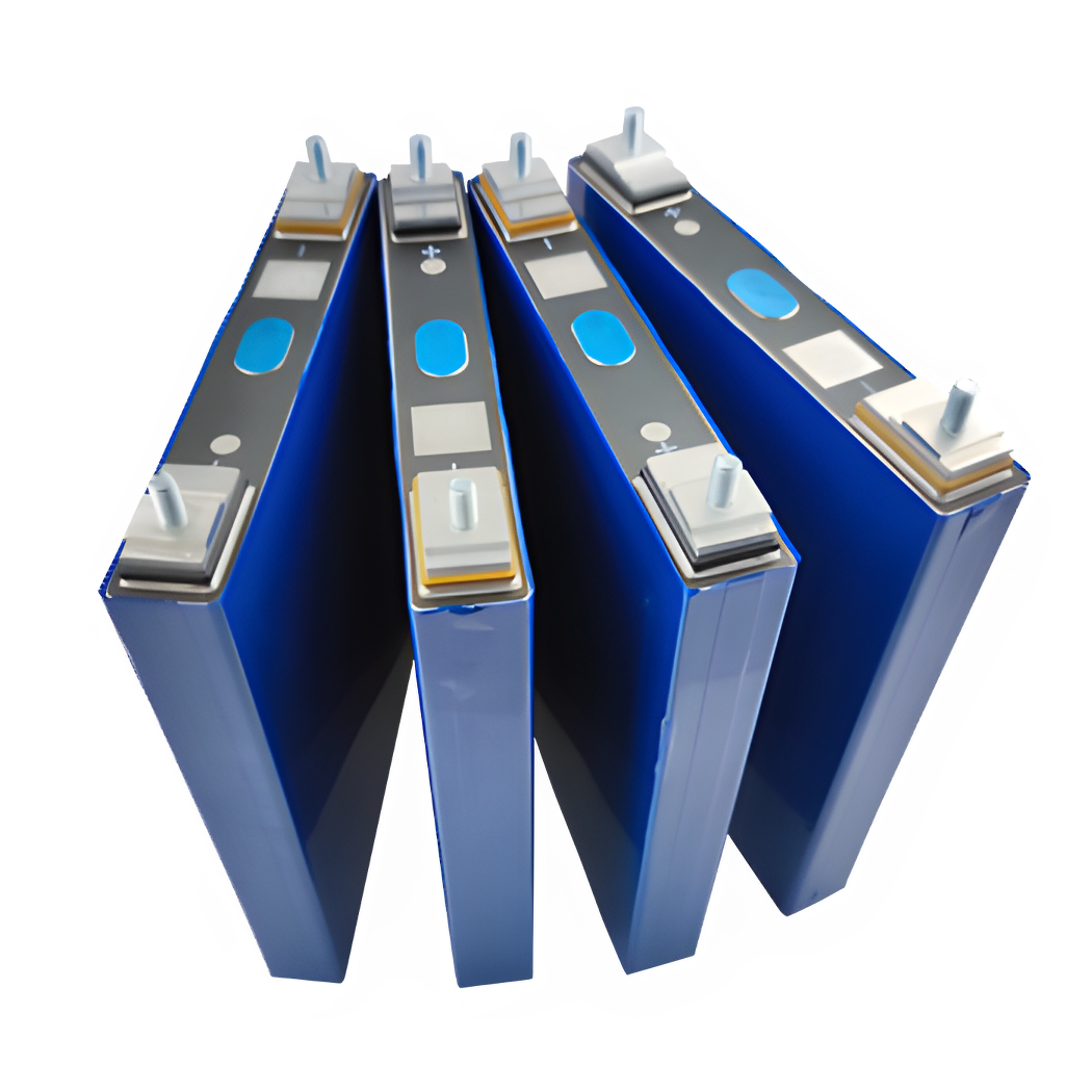 Gotion IFP27175200A 3.2V 105Ah LiFePO4 Battery Cell - four rectangular blue battery cells with silver metal terminals arranged in a fan shape.