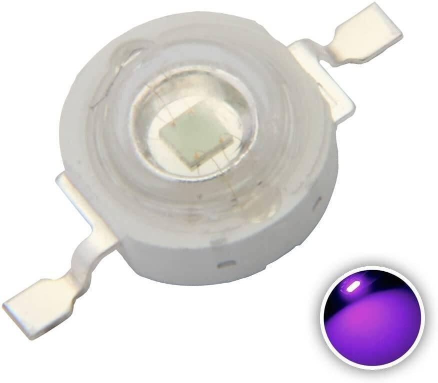 High Power UV LED Chip 3W Purple UV Ultraviolet Bulb Lamp 1 Heat Sink Plus 1 UV LED Light - a single white-based LED component with a clear dome and a circular inset displaying the purple light it emits.